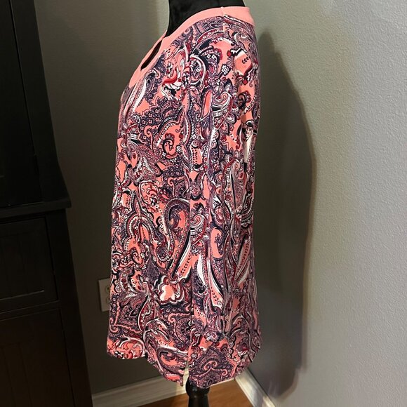 Kim Rogers Womens XL Paisley Tunic Top Coral Navy 3/4 Sleeve Cotton Blouse Boho - Picture 4 of 8